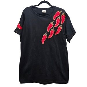 0034 Murina Studded Red Hot Peppers Black Cotton T-Shirt  Spicy Casual Size XL